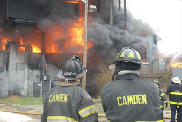 Three-alarm fire at the old Haddon Bindery, Camden, April 6, 2008