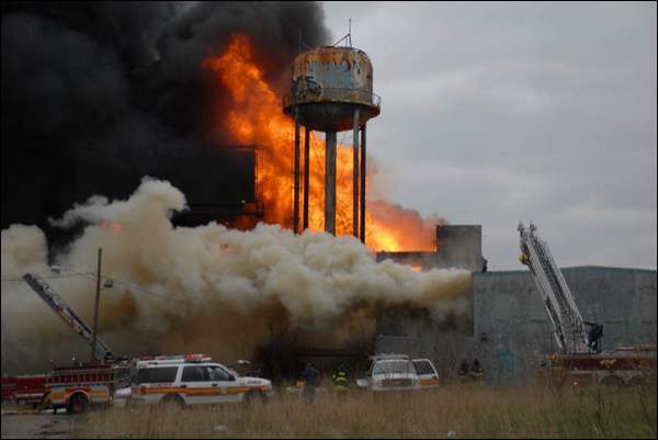 Three-alarm fire at the old Haddon Bindery, Camden, April 6, 2008