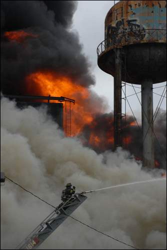 Three-alarm fire at the old Haddon Bindery, Camden, April 6, 2008