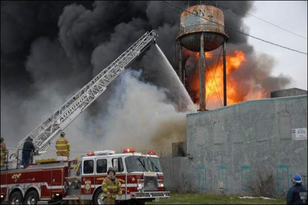 Three-alarm fire at the old Haddon Bindery, Camden, April 6, 2008