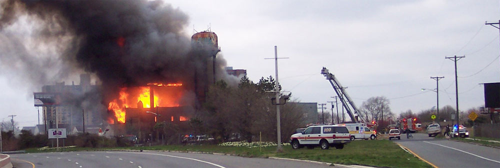 Three-alarm fire at the old Haddon Bindery, Camden, April 6, 2008