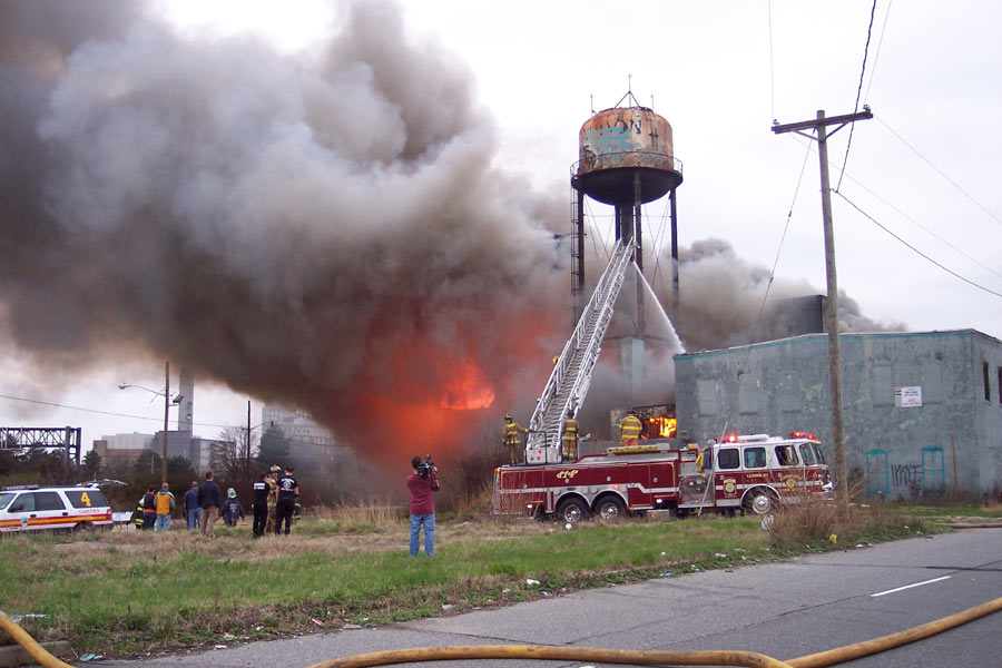 Three-alarm fire at the old Haddon Bindery, Camden, April 6, 2008