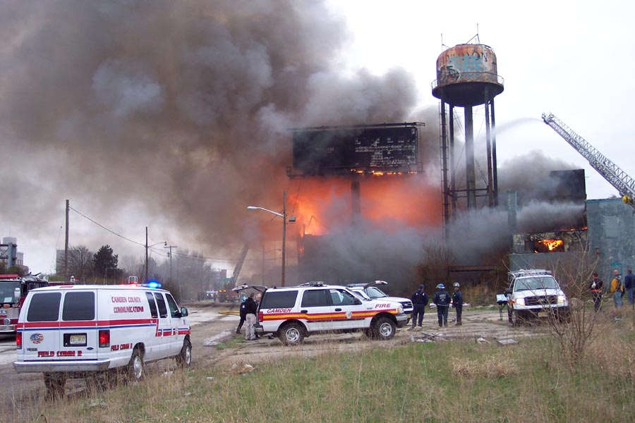 Three-alarm fire at the old Haddon Bindery, Camden, April 6, 2008