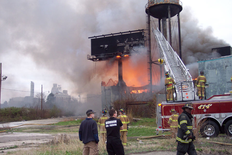 Three-alarm fire at the old Haddon Bindery, Camden, April 6, 2008