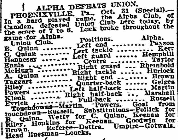 Alpha Defeats Union — Philadelphia Inquirer, November 1, 1914