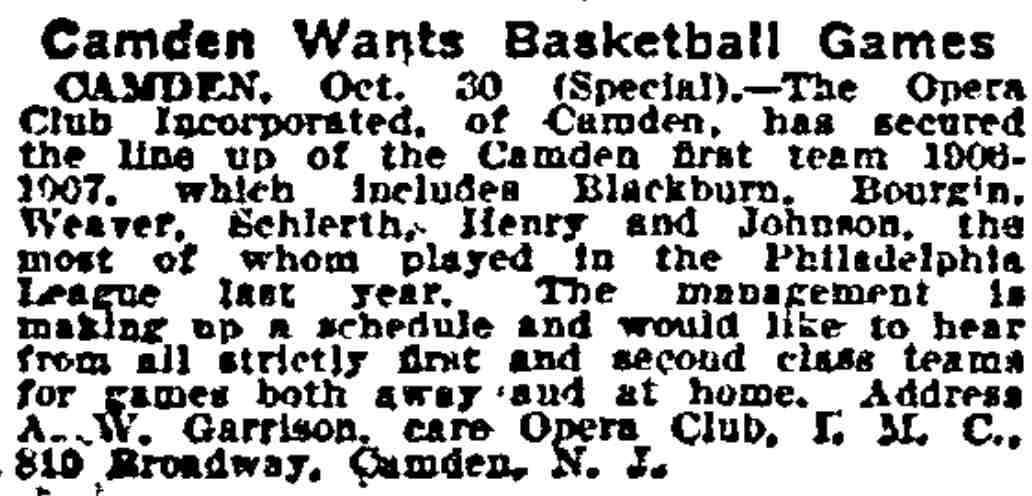 Camden Wants Basketball Games — Philadelphia Inquirer, October 31, 1908