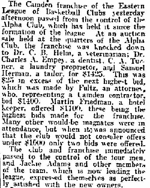 Camden Franchise Sold for $1,425 — Philadelphia Inquirer, January 15, 1915, column 1