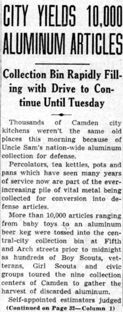City Yields 10,000 Aluminum Articles — Camden Courier-Post, July 25, 1941