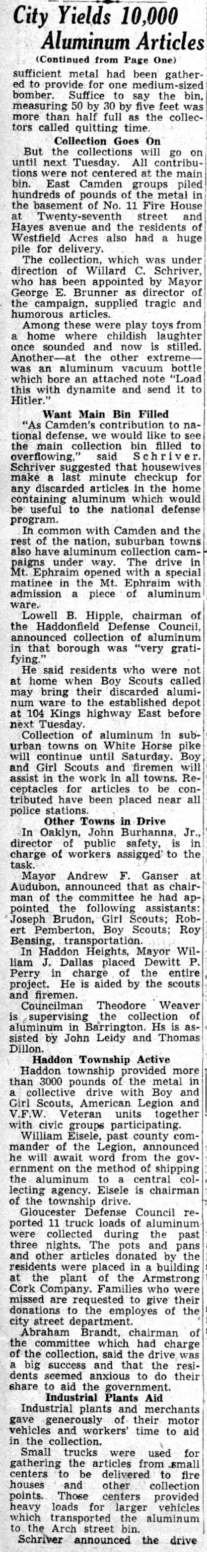 City Yields 10,000 Aluminum Articles continued — Camden Courier-Post, July 25, 1941