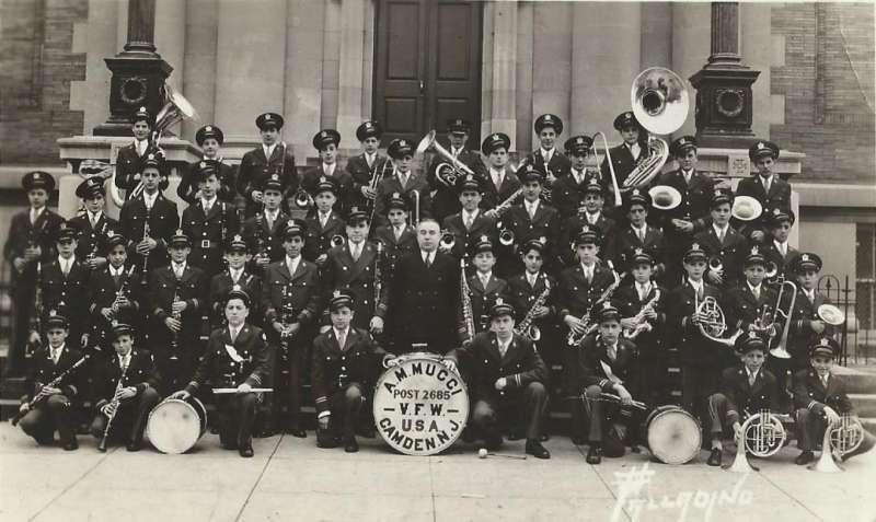 A.M. Mucci Post 2685 VFW band in front of Camden Free Public Library on Broadway, circa 1939