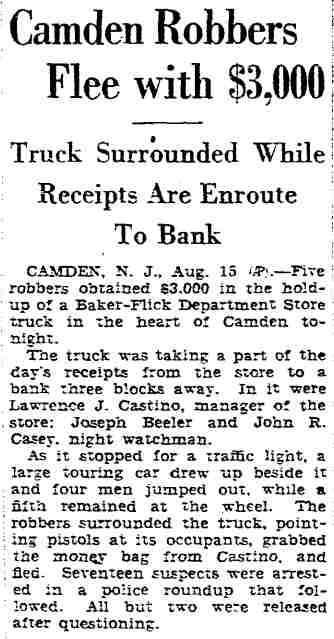 Camden Robbers Flee with $3,000 — Trenton Evening Times, August 16, 1931