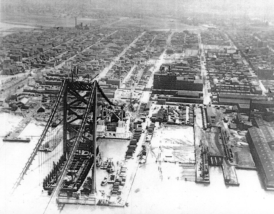 1925 aerial view of Camden east of the Delaware River — Hotel Walt Whitman at upper right
