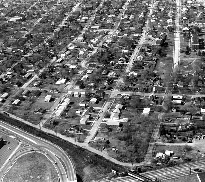 July 7, 1965 aerial view looking west on 43rd Street from Route 130 — Westfield Avenue across top, Camden County Juvenile Detention Home at upper right