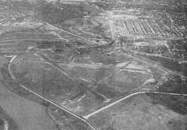 1930s aerial view looking west from Central Airport — Parkside at upper left, East Camden at upper right, Baird and Admiral Wilson Blvds at upper center