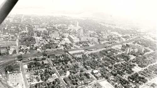 July 7, 1965 aerial view looking north over South Camden — first intersection at lower left is South 2nd and Benson Streets