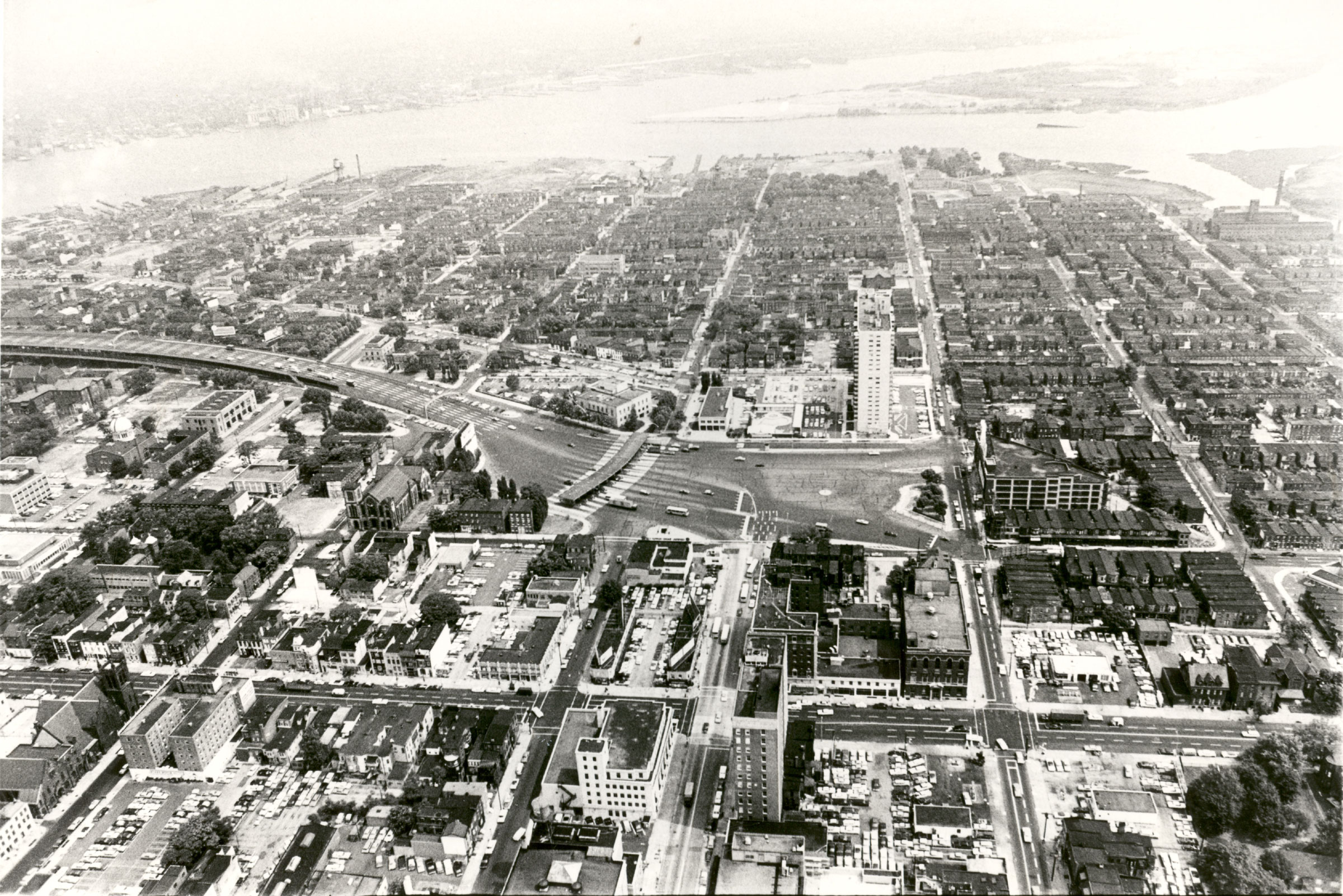 July 7, 1965 aerial view looking north from over Broadway and Federal Street