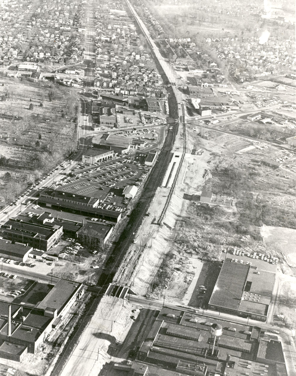 December 1967 aerial view looking east along PATCO High Speed Line tracks during construction