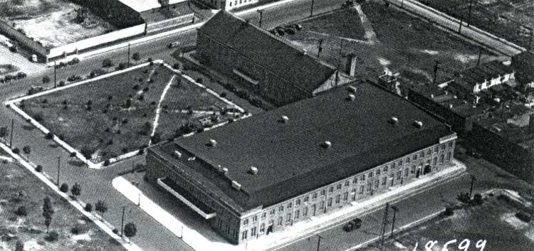 Aerial view showing Jane Street and Line Street intersection, circa 1930 — Camden Convention Hall visible