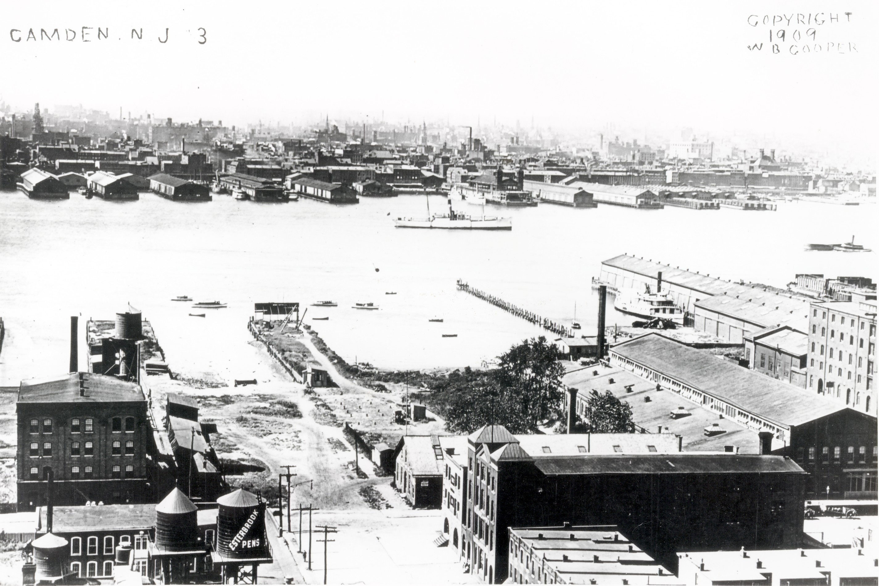 1925 aerial view of the foot of Cooper Street — Esterbrook Pen factory at bottom left