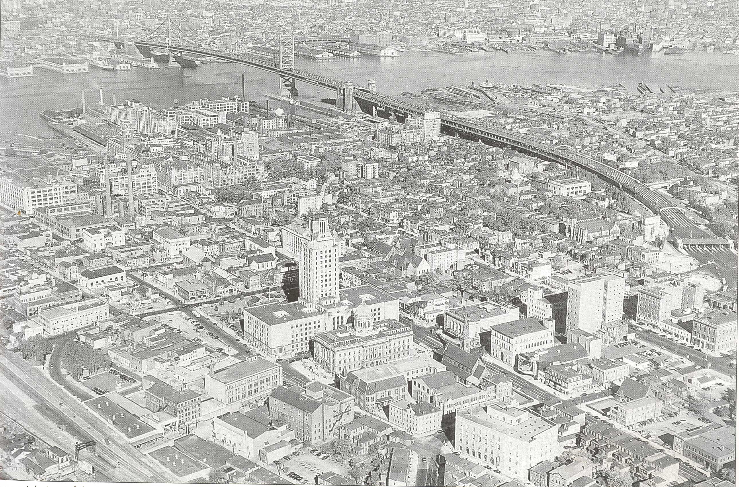 Aerial view of downtown Camden in 1957 showing the location of 560 Carman Street and Roy Steele's Tavern