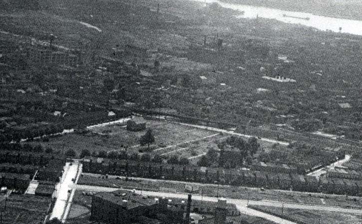 1929 aerial view of Old Camden Cemetery — Princess Avenue and rear of houses on Haddon Avenue in foreground