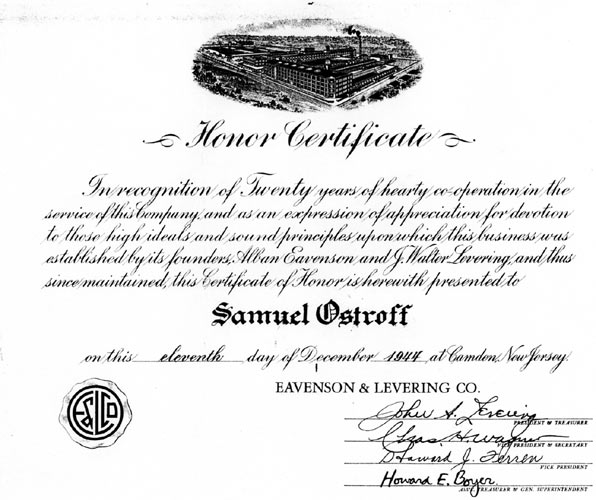 Eavenson & Levering honor certificate awarded to Samuel Ostroff for 20 years of service, December 11, 1944