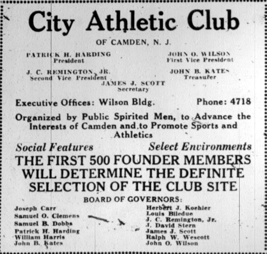 City Athletic Club of Camden, N.J. advertisement, January 1928