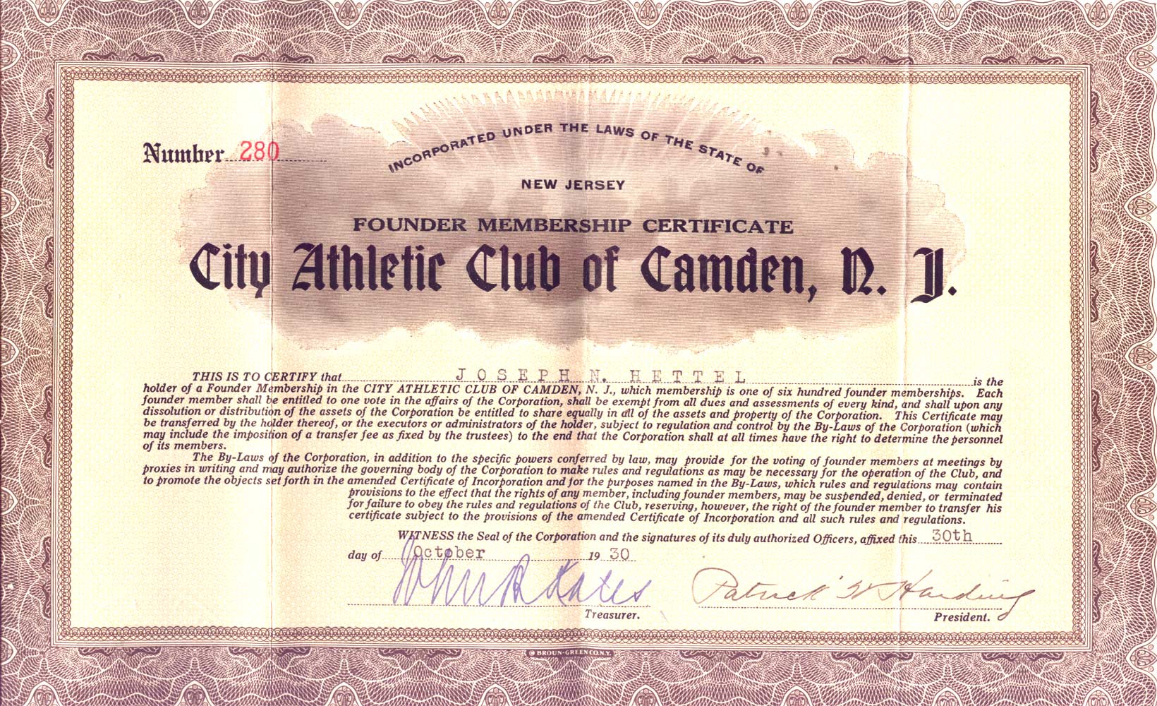 Founder Membership Certificate, City Athletic Club of Camden, N.J. — front, issued to Joseph N. Hettel Sr.