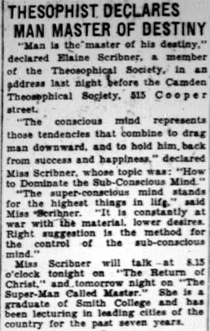 Camden Courier-Post article, January 30, 1928: Thesophist Declares Man Master of Destiny