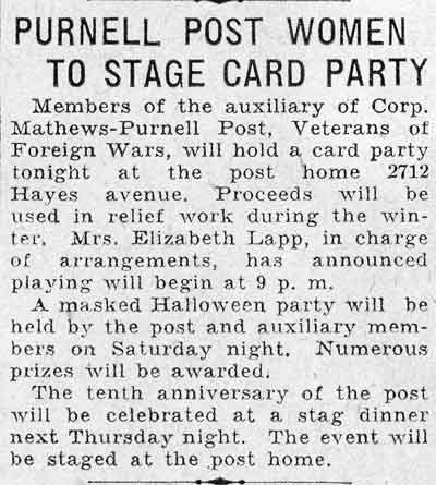 Mathews-Purnell Post VFW Post 518, October 23, 1931