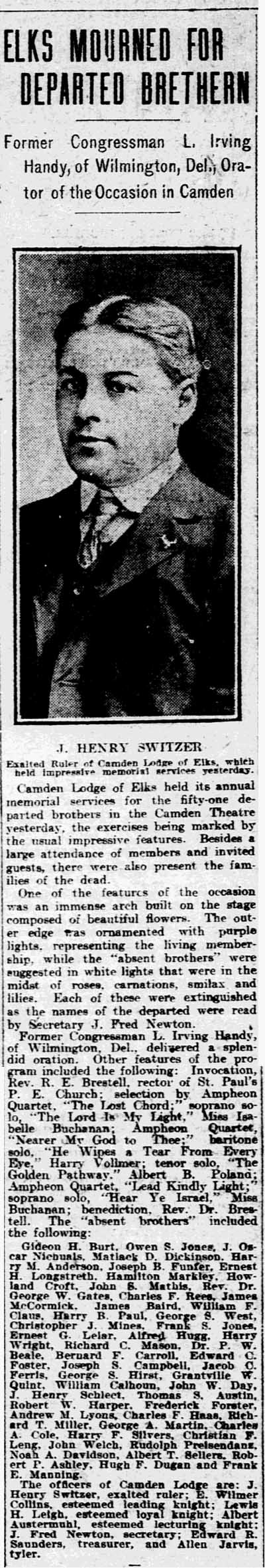 Elks Mourned for Departed Brethren - Philadelphia Inquirer, December 7, 1908