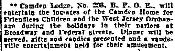 Philadelphia Inquirer December 21, 1902 — Camden Elks to entertain children