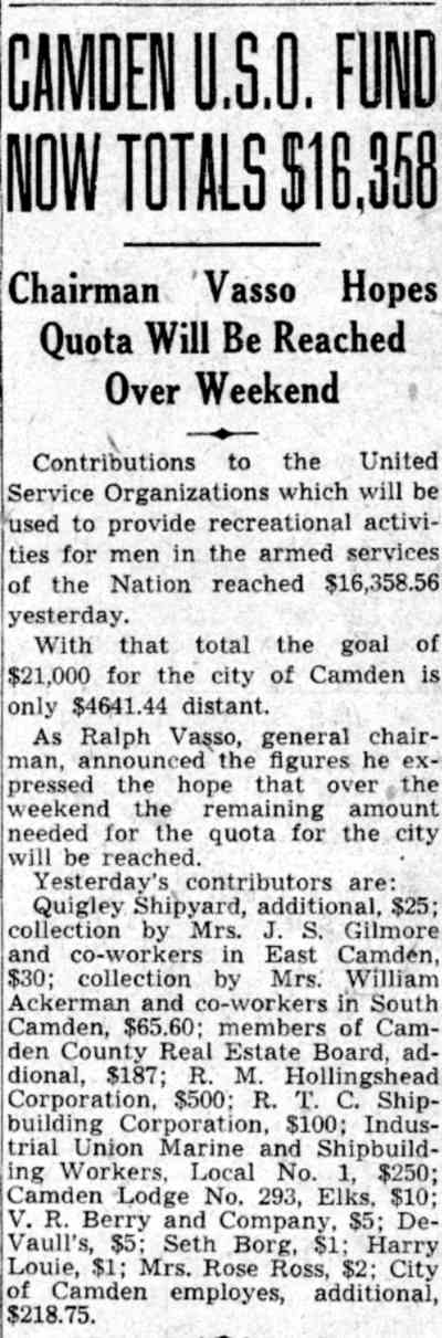 Camden U.S.O. Fund Now Totals $16,358 - Camden Courier-Post, July 26, 1941