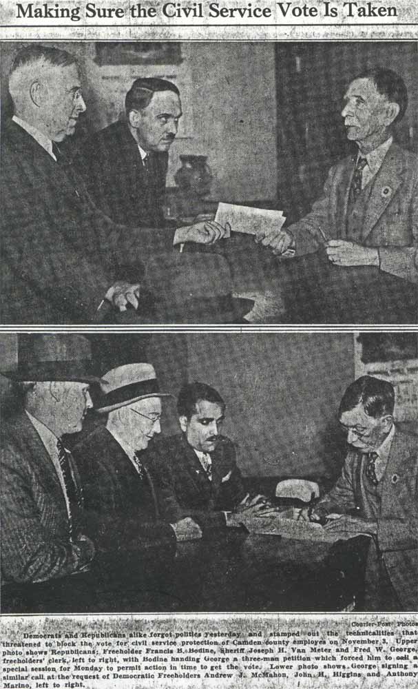 Camden Courier-Post, October 1, 1936 — Making Sure the Civil Service Vote Is Taken; Freeholder Francis B. Bodine, Sheriff Joseph H. Van Meter, and Fred George, freeholder's clerk
