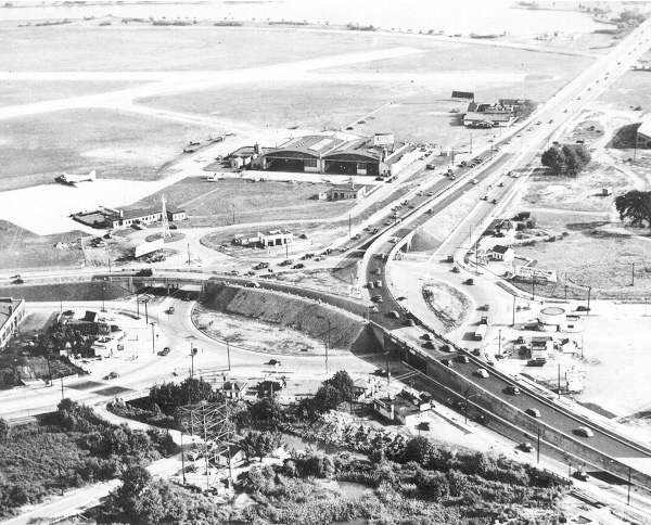 Aerial view of Central Airport and Airport Circle, circa 1950