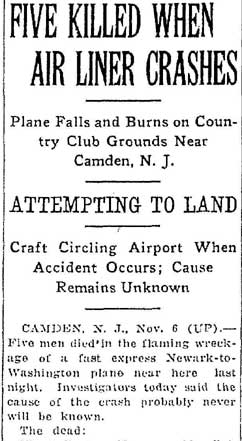 Five Killed When Air Liner Crashes — Charleston WV Daily Mail, November 6, 1931, page 1