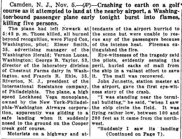 Five Killed When New Jersey Plane Crashes — Helena Montana Independent, November 6, 1931, page 1