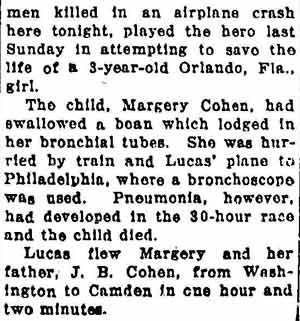 Lucas Was Hero of Dart to Save Child — Associated Press, November 5, 1931, text
