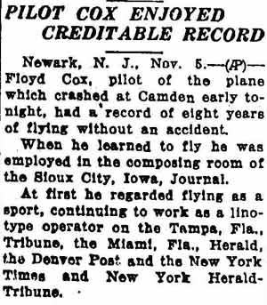 Pilot Cox Enjoyed Creditable Record — Helena Montana Independent, November 6, 1931