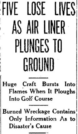 Five Lose Lives as Air Liner Plunges to Ground — Reno NV Evening Gazette, November 6, 1931, page 1