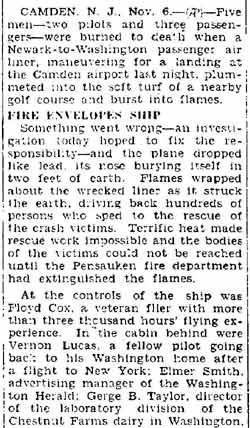 Five Lose Lives as Air Liner Plunges to Ground — Reno NV Evening Gazette, November 6, 1931, page 2