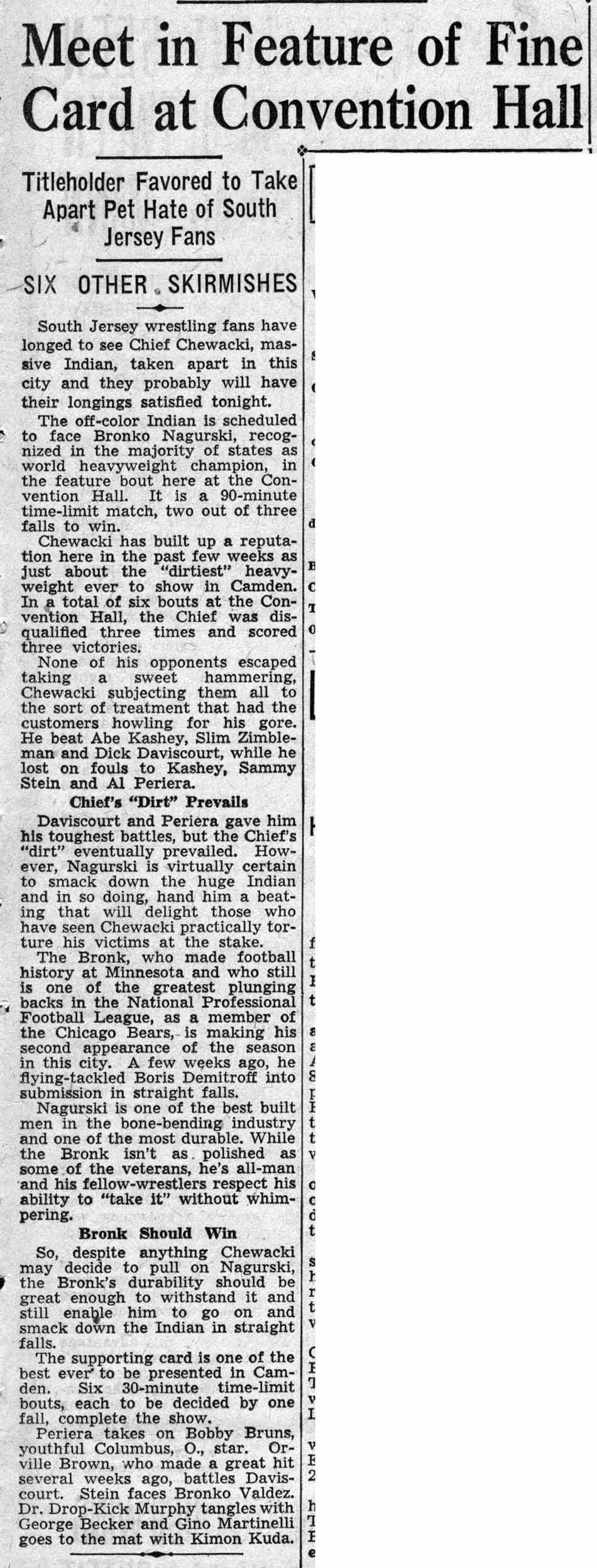 Meet in Feature of Fine Card at Convention Hall, February 21, 1938