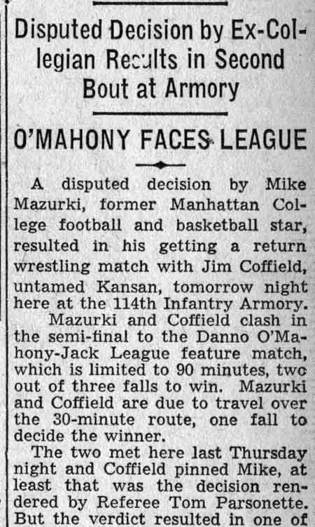 Mazurki and Coffield in Return Scrap Here, Camden Courier-Post, February 23, 1938, column 1