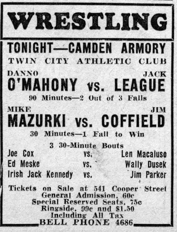 Wrestling at Convention Hall, February 24, 1938