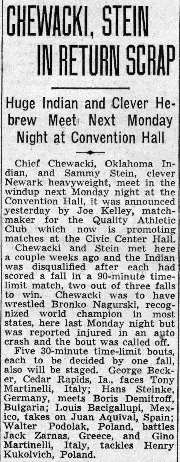 Wrestling at Convention Hall, February 25, 1938, photo 1
