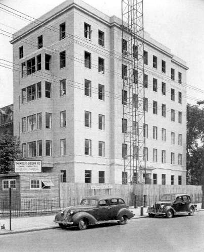 Cooper Hospital, 1930s, showing the new pavilion under construction as seen from corner of South 6th and Mickle Streets