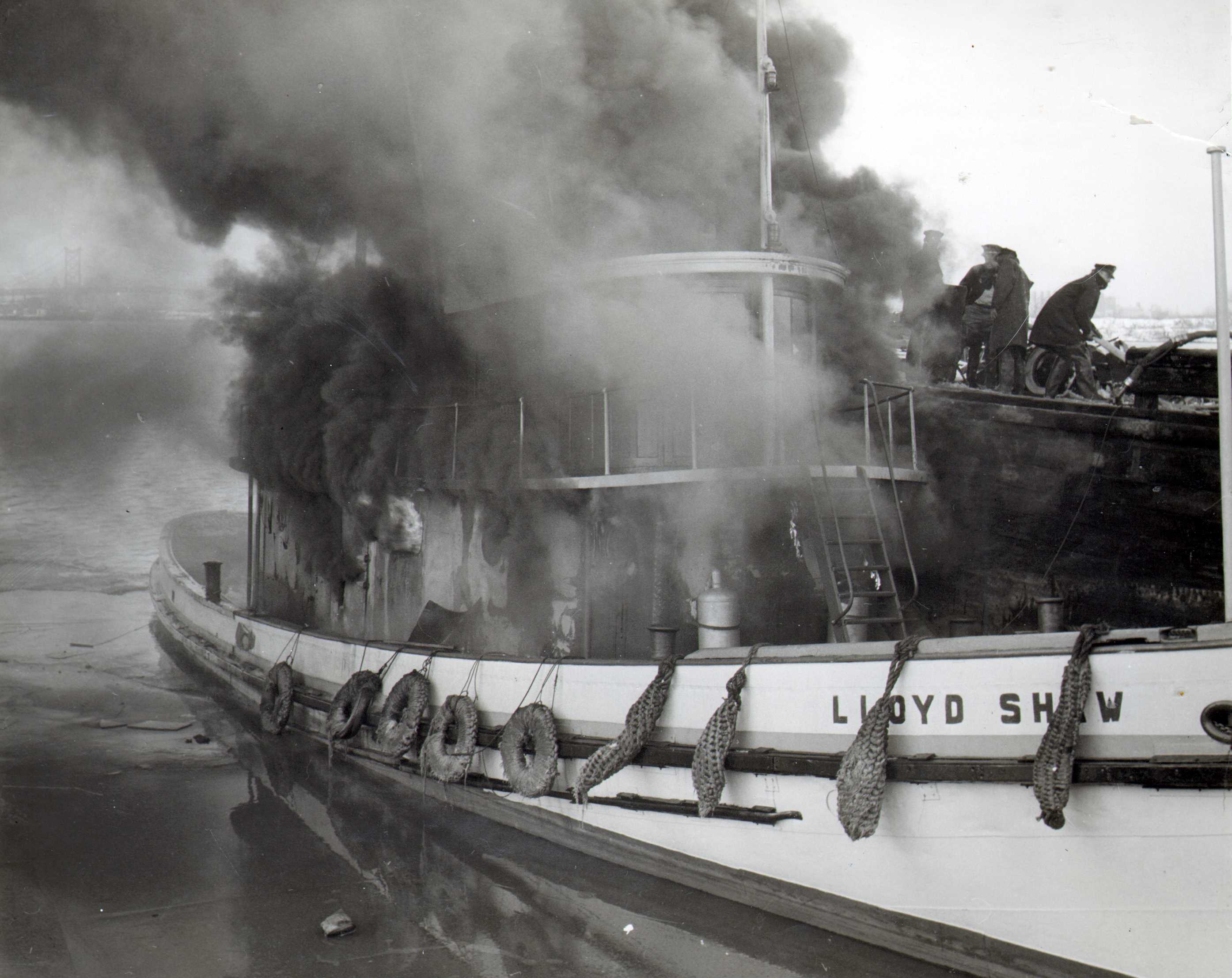 Tugboat Lloyd Shaw on fire at the Noecker, Rickenbach, and Ake Shipyard, Fall 1958