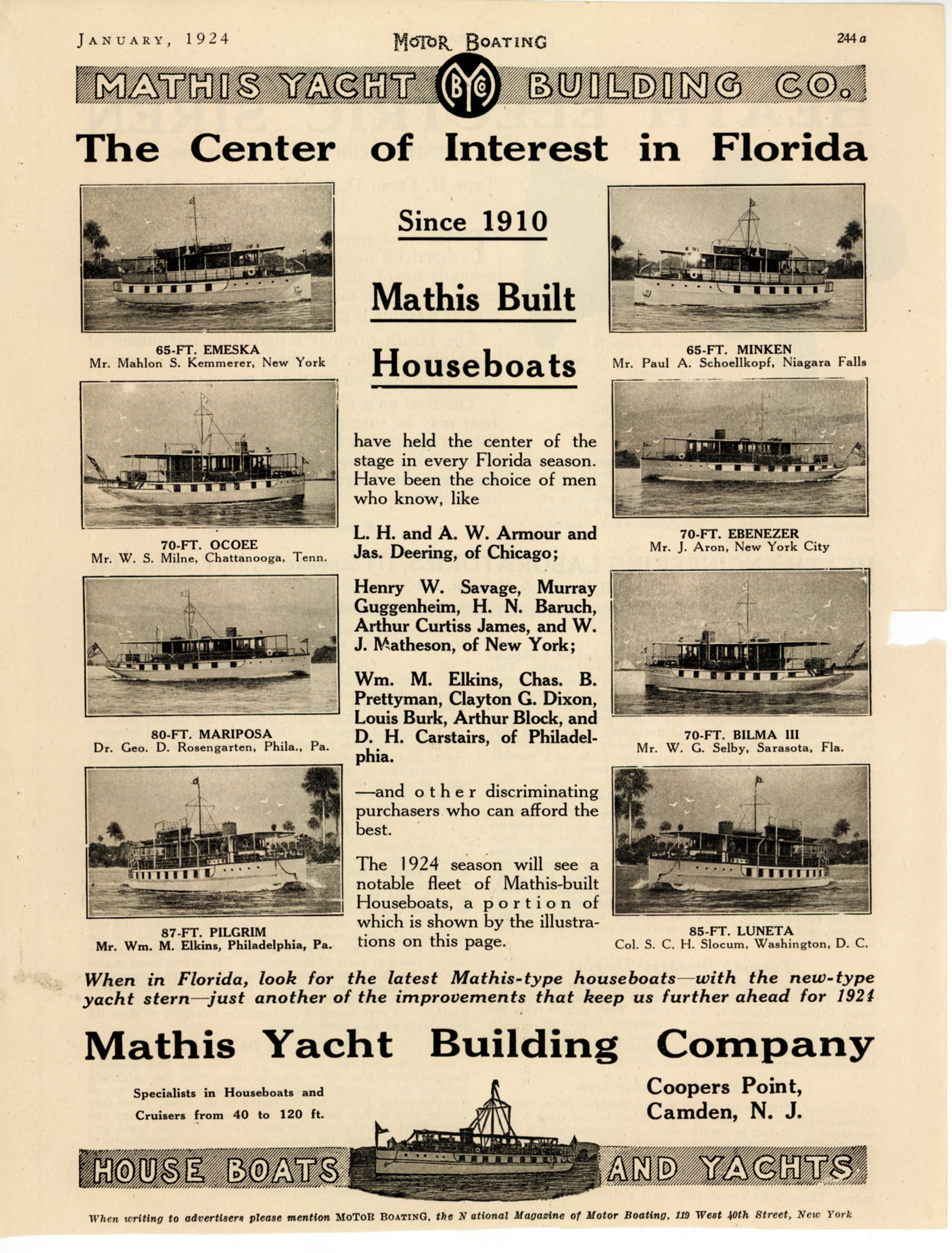 Motor Boating Magazine, January 1924, advertisement for John H. Mathis & Company