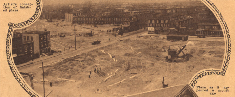 Construction of the Bridge Plaza, about 1925, on the site of the former Diamond Cottage Park; intersection at top of photo is North 6th and Linden Street
