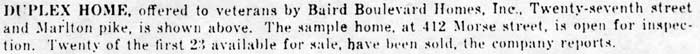 412 Morse Street article headline, 1947